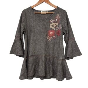 Paper Lace Black/Grey Herringbone Wool Blend Bell Sleeve Embroidered Blouse S